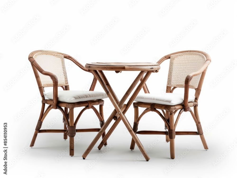 A wooden table and two chairs are set up in a park