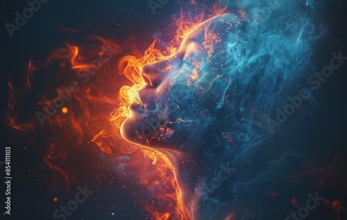 A woman shows two different ways of thinking, showing different ideas and expressing opinions in a striking way