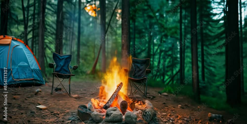 Campfire with tents and forest background Campfire with tents and forest background