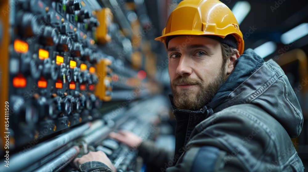 A skilled technician in a safety helmet is attentively operating a complex control panel in an industrial setting A skilled technician in a safety helmet is attentively operating a complex control panel in an industrial setting