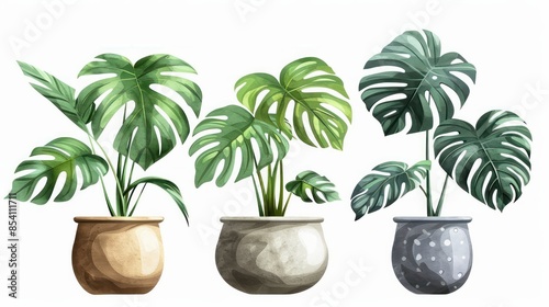 Three potted plants with green leaves sit on a white background