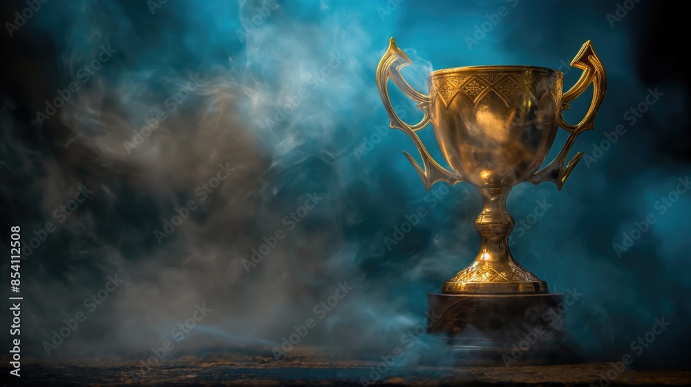 Golden Trophy in Dramatic Smoky Lighting Triumph, Achievement, Victory Symbol. Golden Trophy in Dramatic Smoky Lighting Triumph, Achievement, Victory Symbol.
