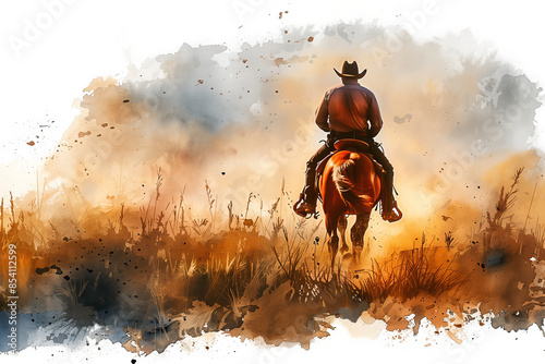 Watercolor painting of a man riding a horse in a meadow