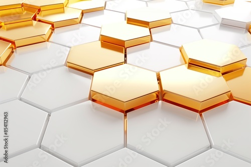 Gold and white hexagonal pattern. 3D gold and white honeycomb design.