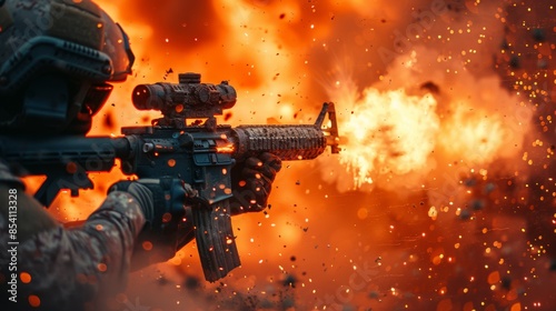 An intense image showing a soldier in armor shooting with a rifle, muzzle flash, and sparks visible