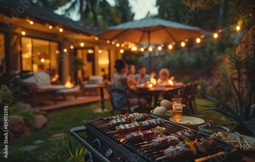 BBQ in summer garden with blurred family party background in the distance, family barbecue activity in backyard, friends having barbecue party in backyard in summer evening