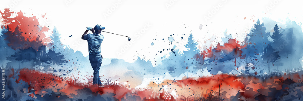 Naklejka premium Watercolor painting of a young man playing golf on the course.