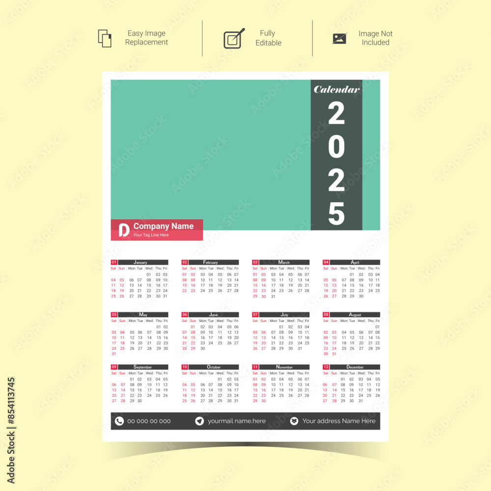 2025 Corporate Wall Calendar Template Design.Set of single pages calendar vector design with print template 2025 Corporate Wall Calendar Template Design.Set of single pages calendar vector design with print template