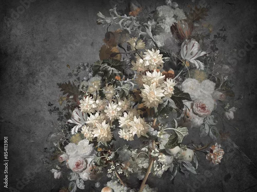 Fototapeta samoprzylepna Beautiful bouquet of 3D kaiwts, painted with oil paint on the background of a concrete wall with cracks. Oil painted. 