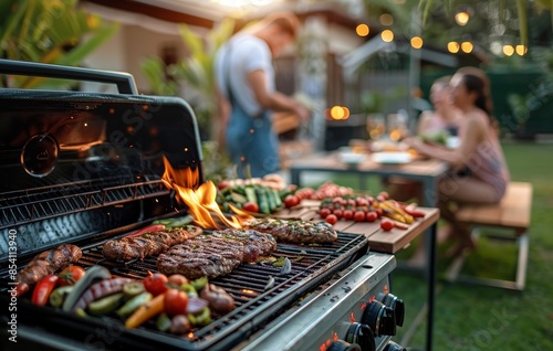 BBQ in summer garden with blurred family party background in the distance, family barbecue activity in backyard, friends having barbecue party in backyard in summer evening