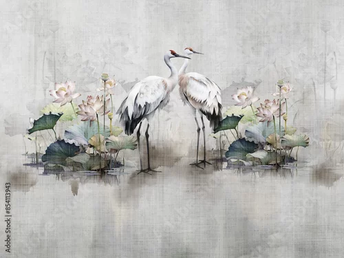 Obraz A pair of cranes on the lake. Mural. Illustration can be used for wall decoration, poster, card.