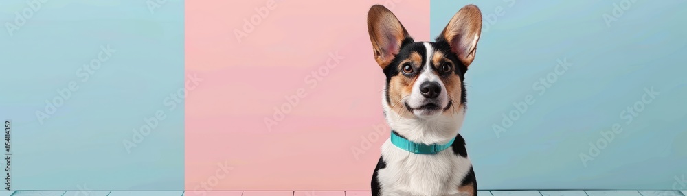 Happy dog with a green collar posing against a colorful background of pastel blue and pink, sitting calmly on a tile floor. Happy dog with a green collar posing against a colorful background of pastel blue and pink, sitting calmly on a tile floor.