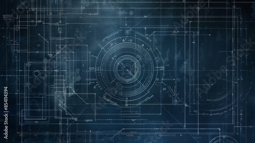 Abstract digital blueprint design with a circular pattern on a dark blue background