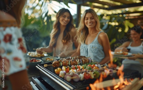 family having dinner in the garden,Family having barbecue party in backyard in summer, summer barbecue party, happy family barbecue activity
