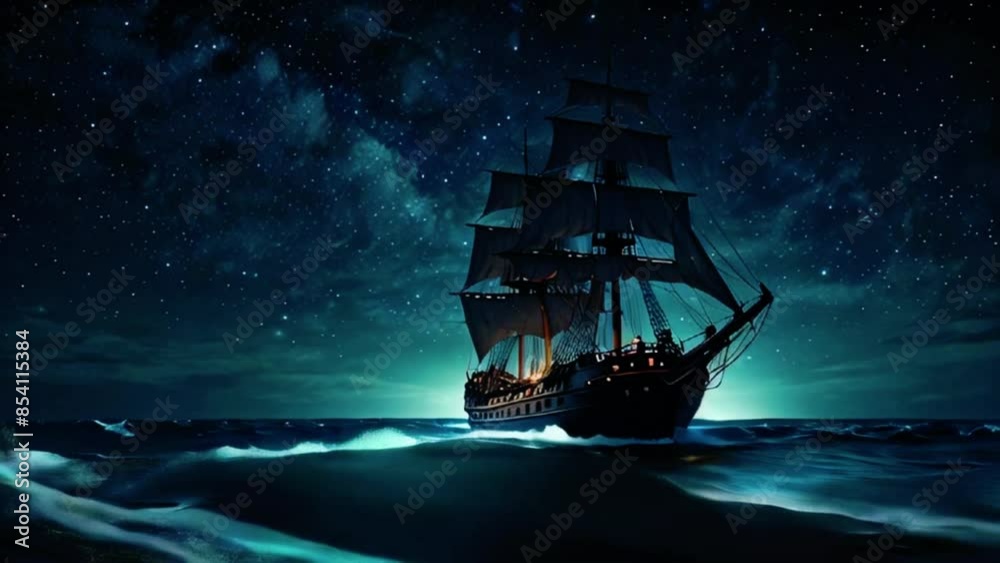 Sailing ship in the middle of ocean waves under the starry sky at night. seamless looping 4k time-lapse animation video background