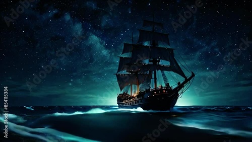 Sailing ship in the middle of ocean waves under the starry sky at night. seamless looping 4k time-lapse animation video background
