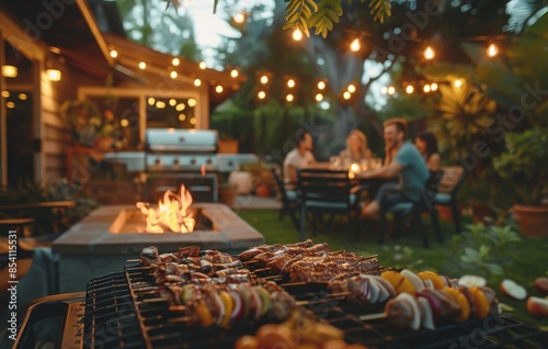 BBQ in summer garden with blurred family party background in the distance, family barbecue activity in backyard, friends having barbecue party in backyard in summer evening