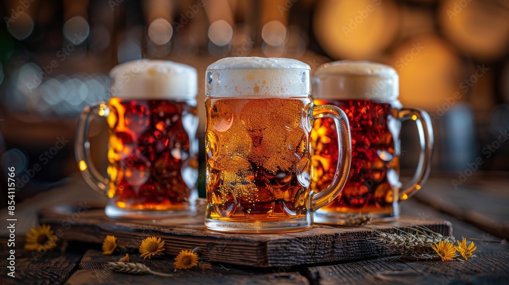 The image shows three full mugs of beer with foamy heads, placed on a wooden surface, suggesting a cozy pub atmosphere The image shows three full mugs of beer with foamy heads, placed on a wooden surface, suggesting a cozy pub atmosphere