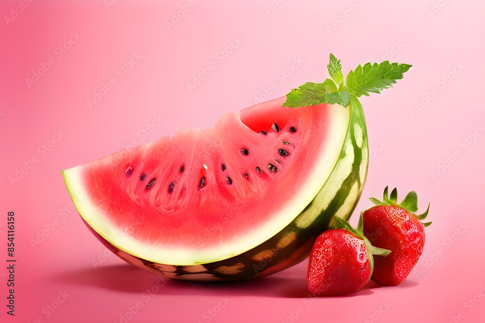 watermelon and strawberry , Watermelon pieces and strawberry isolated on pink background , watermelon , mint, strawberry watermelon and strawberry , Watermelon pieces and strawberry isolated on pink background , watermelon , mint, strawberry