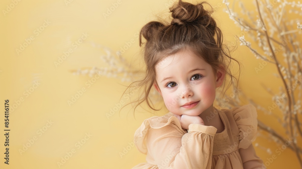 Elegant Little Girl Posing Against Soft Yellow Backdrop Generative AI Elegant Little Girl Posing Against Soft Yellow Backdrop Generative AI
