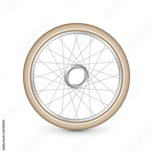 Realistic 3d retro bicycle wheel. Bike rubber tire, shiny metal spokes and rim. Fitness cycle, touring, sport, road and mountain bike. Vector illustration
