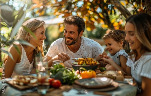 family having dinner in the garden,Family having barbecue party in backyard in summer, summer barbecue party, happy family barbecue activity