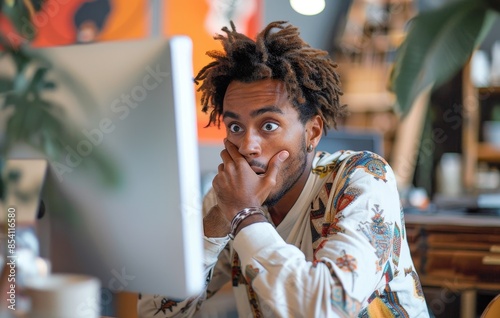 Man in front of computer with surprised expression, exaggerated surprised expression, expressing disbelief