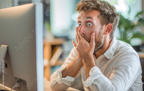 Man in front of computer with surprised expression, exaggerated surprised expression, expressing disbelief