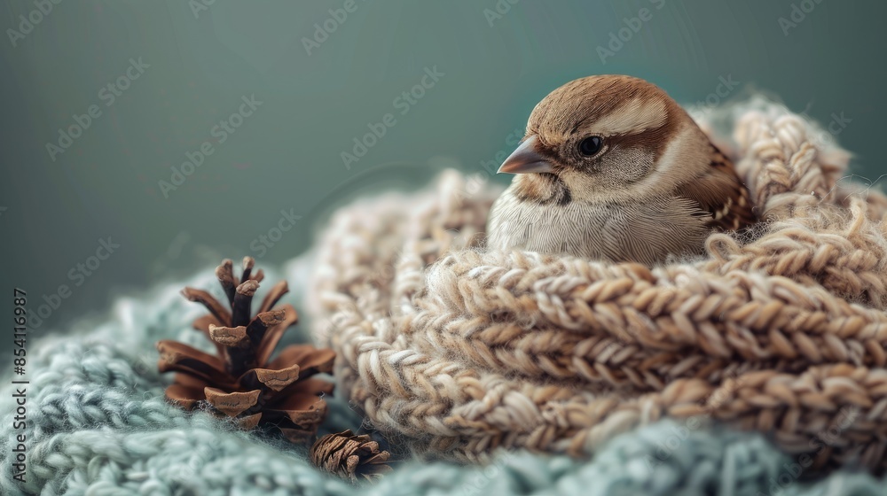 Bird in knit scarf with pinecone on green background Bird in knit scarf with pinecone on green background