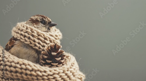 Bird in knit scarf with pinecone on green background photo