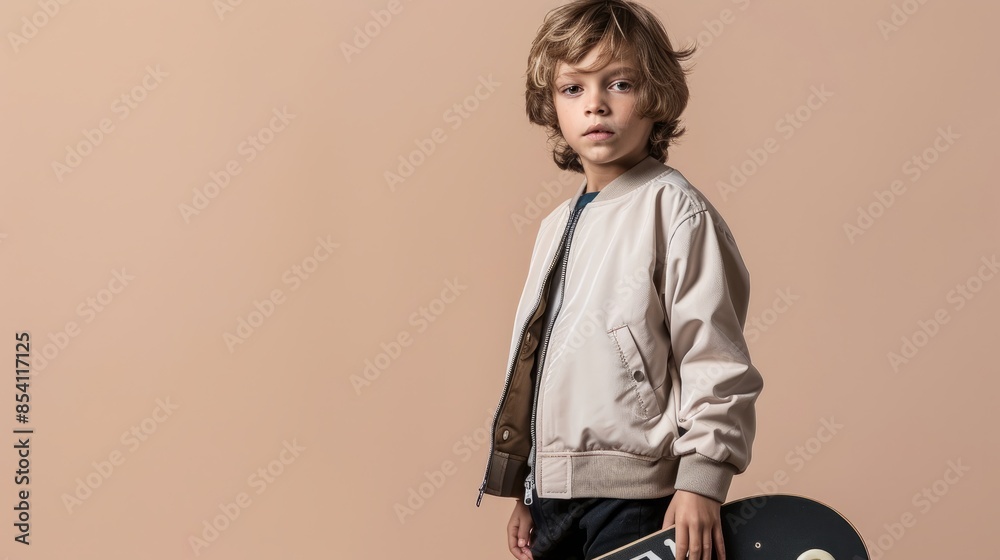 Fototapeta premium Boy in bomber jacket with skateboard on isolated beige background