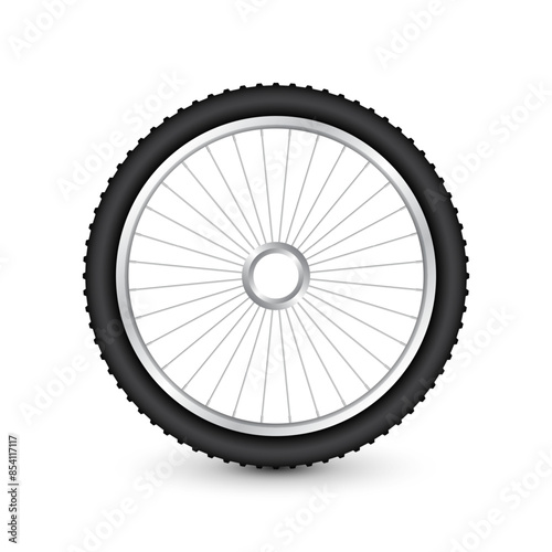 Realistic 3d bicycle wheel. Bike rubber tire, shiny metal spokes and rim. Fitness cycle, touring, sport, road and mountain bike. Vector illustration