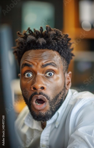 Man in front of computer with surprised expression, exaggerated surprised expression, expressing disbelief