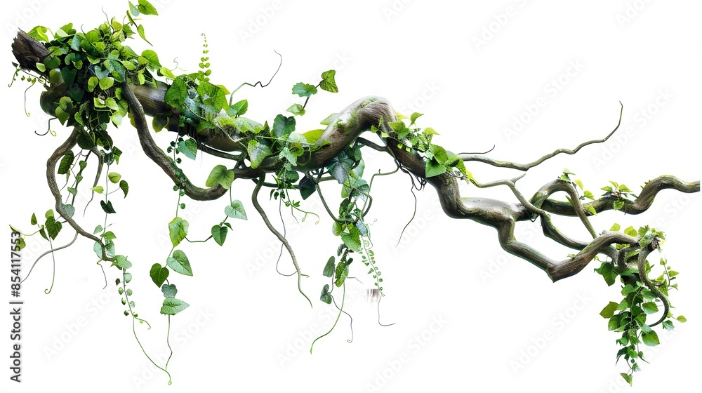 Naklejka premium realistic twisted jungle branch with plant growing isolated on a white background