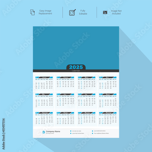 Corporate wall Calendar Template Design for 2025.Set of single pages calendar vector design with  print template