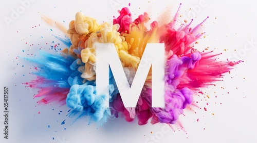 2000s pop LP cover with the letter M, surrounded by vivid splashes of color, ink drops, and a striking color explosion, creating a lively visual photo