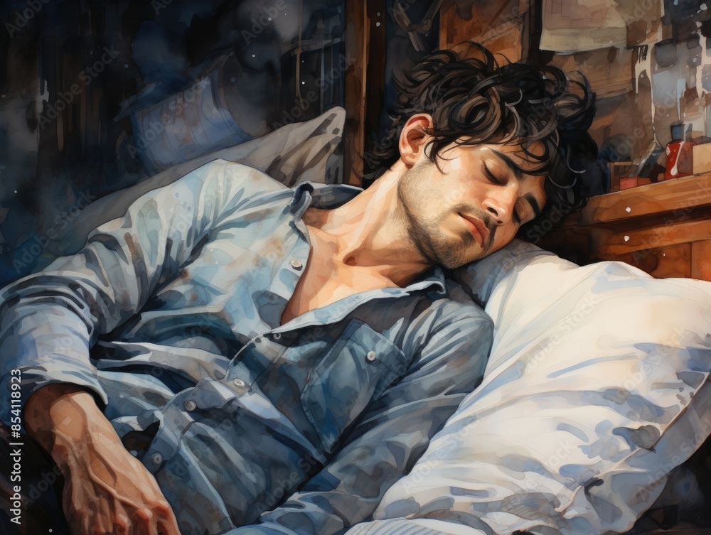 Fototapeta premium Man sleeping peacefully in a cozy bed.