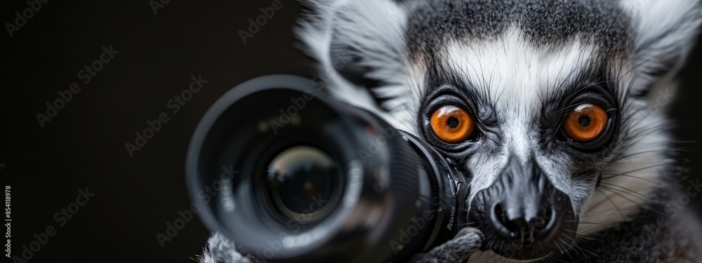 A close-up of a lemur holding a camera in its mouth with a lens inserted A close-up of a lemur holding a camera in its mouth with a lens inserted