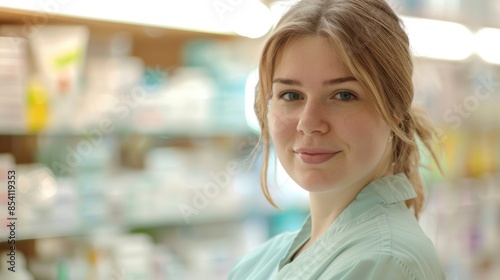 Female pharmacist looking into camera at pharmacy store, blurred shelves with healthcare products on the background