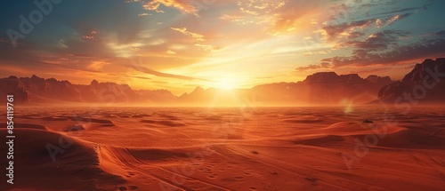 A warm sunset over a desert landscape with distant mountains. photo