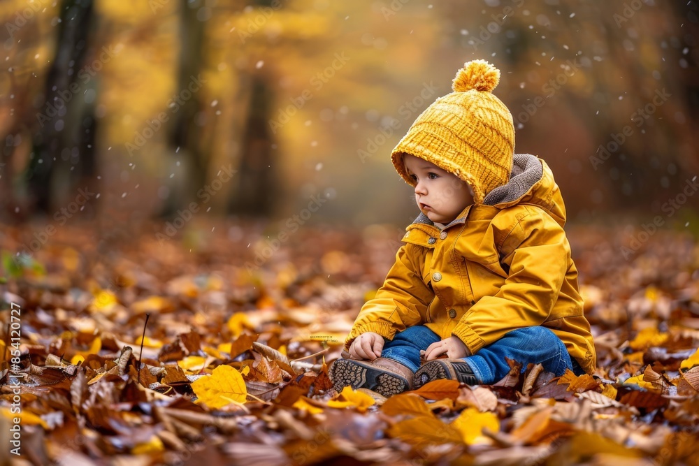 Solemn young child in a yellow knit hat sits amid fallen leaves, conveying a mood of pensive reflection in nature Solemn young child in a yellow knit hat sits amid fallen leaves, conveying a mood of pensive reflection in nature