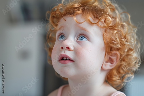 The image portrays a curious toddler with distinct blue eyes and curly red hair, focused on something off-camera