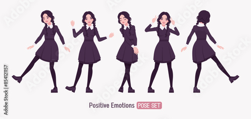 All black outfit pale girl, goth style long sleeved dress happy pose, wearing Mary Jane shoes, two long pigtail braids, dark beauty charm costume, cool monochrome uniform look. Vector illustration