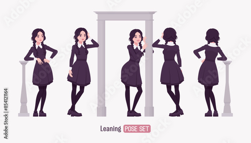 All black outfit pale girl, goth style long sleeved dress stand lean pose, wearing Mary Jane shoes, long pigtail braids, dark beauty charm costume, cool monochrome uniform look. Vector illustration