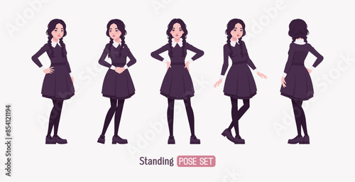All black outfit pale girl, goth style long sleeved dress standing pose, wearing Mary Jane shoes, two long pigtail braids, dark beauty charm costume, cool monochrome uniform look. Vector illustration