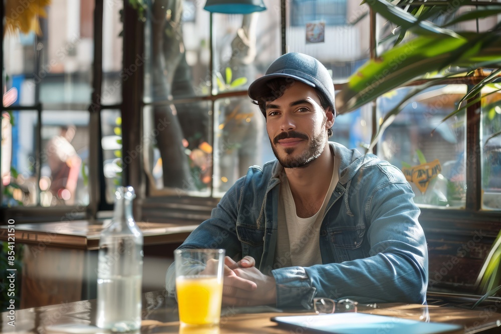 Relaxed young man wearing a cap and denim jacket smiling in a cafe environment with a drink