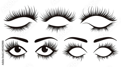 Set of various styles of eyelashes and eyebrows for beauty and makeup concepts