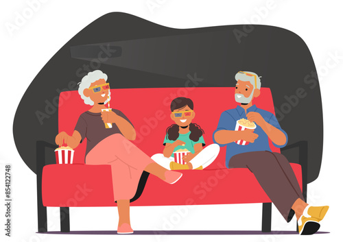 Family Characters Enjoying Movie At The Cinema. Child And Grandparents Wearing 3d Glasses And Sharing Popcorn