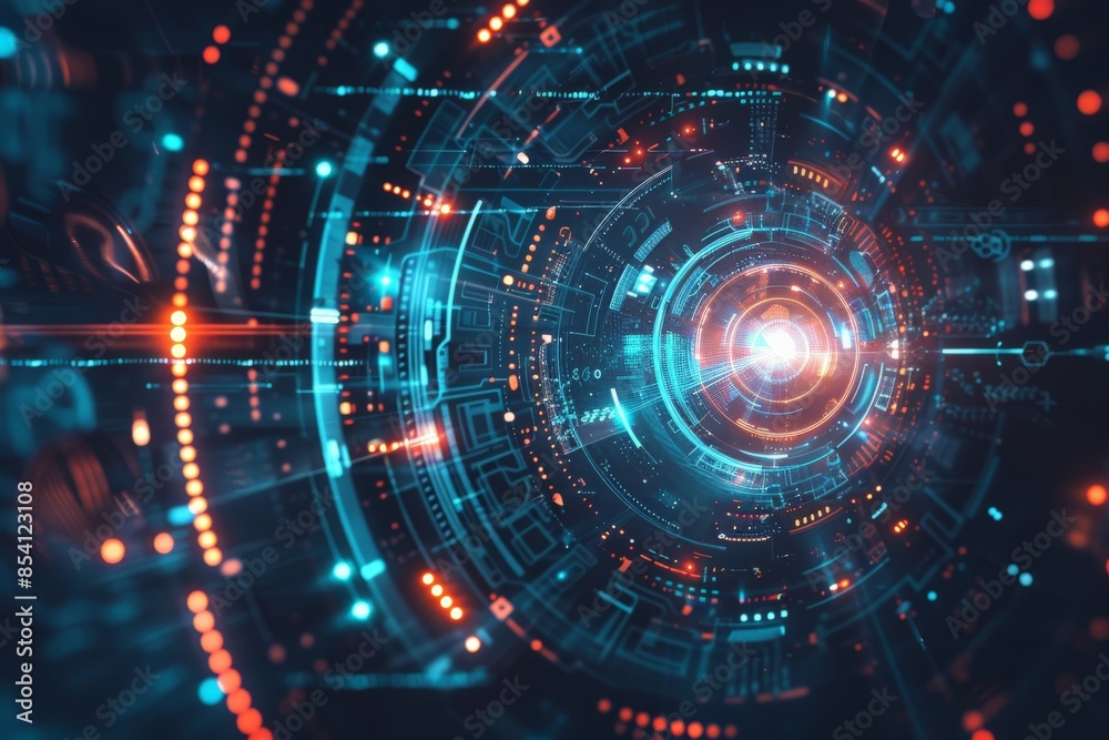 Dynamic image showing a complex cybernetic interface with vibrant lights and digital elements, conveying concepts of connectivity and data flow Dynamic image showing a complex cybernetic interface with vibrant lights and digital elements, conveying concepts of connectivity and data flow