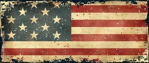 A nostalgic 4th of July banner of vintage American flag, aged paper edges with distressed textures, stars, stripes, and patriotic motifs. American flag background.
